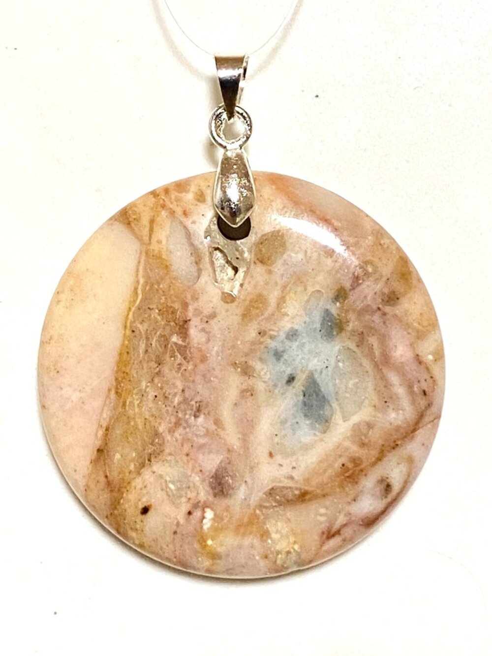 Natural Peachy Agate Pendant, Large Genuine Gemstone Round Coin Pendant